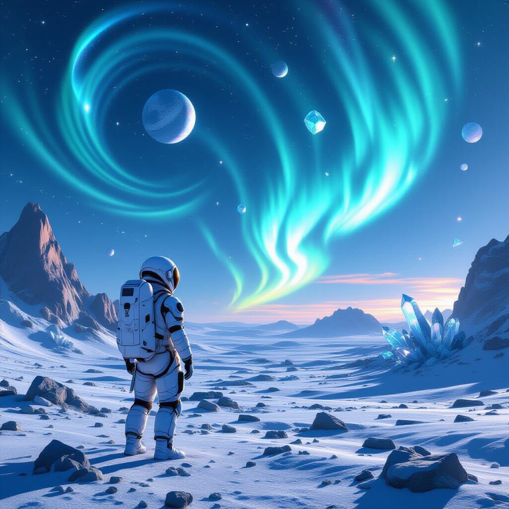 Astronaut Gazes at Alien Sky with Geometric Aurorae