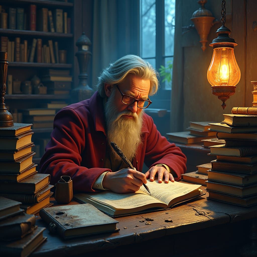 Scholar Writing by Lantern Light in Fantasy Study