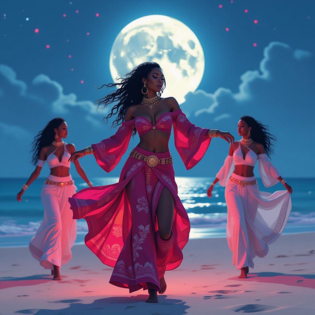 Dancing Women on Moonlit Beach in Synthwave Style