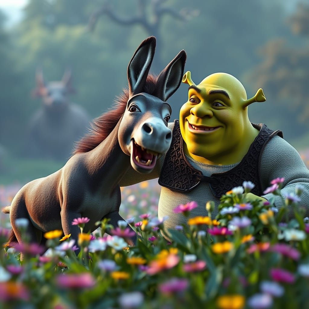 Shrek and Donkey in Vibrant Fantasy Landscape