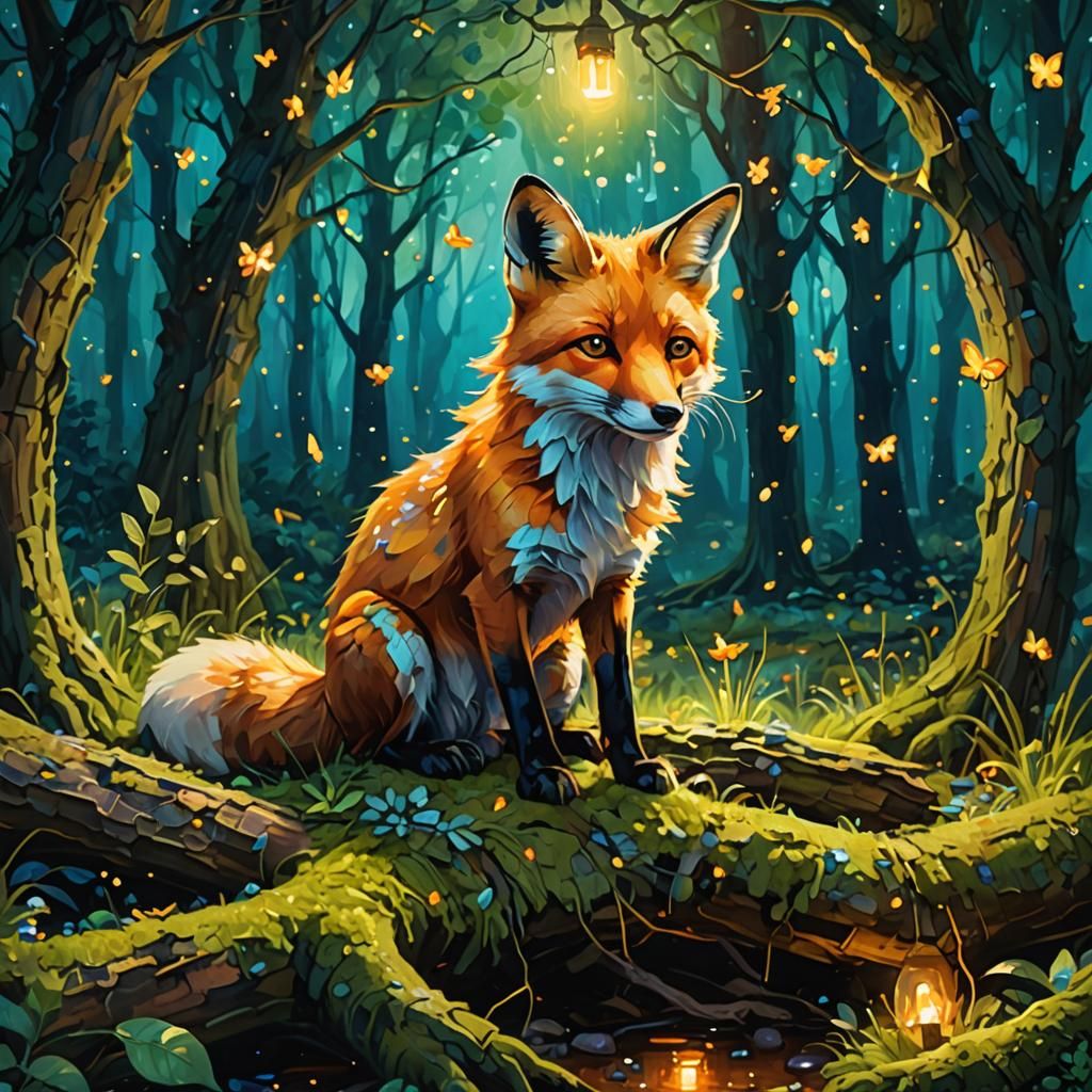 Fox in Forest at Night as Oil Painting
