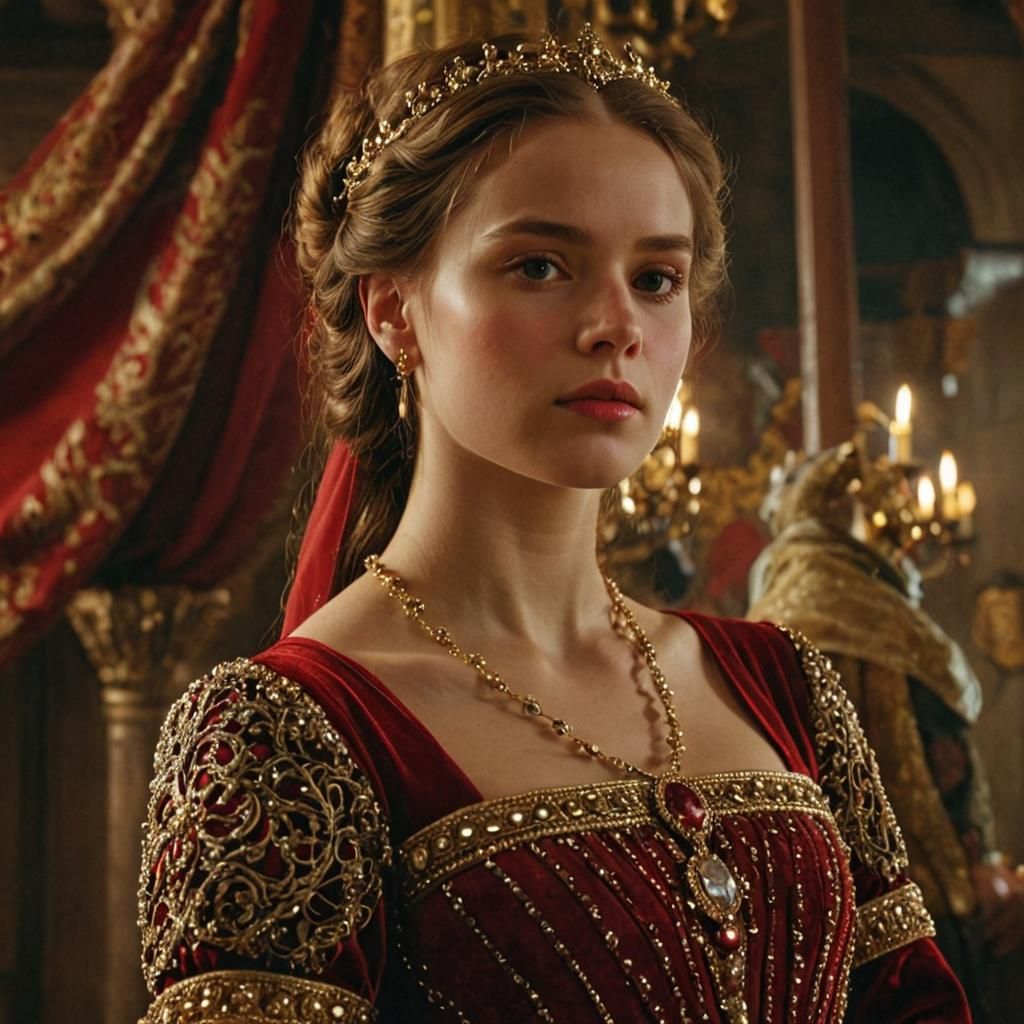 Medieval Lady in Red Dress: Photorealistic Portrait