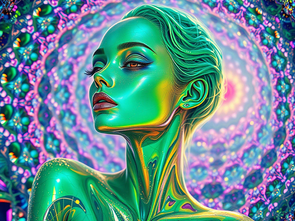 Surreal, Crystal Woman in Kaleidoscopic Fractal Tunnel