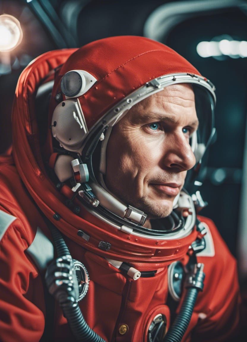 Russian cosmonaut Yuri Gagarin, in red spacesuit in his spaceship Professional photography, bokeh, natural lighting, can...