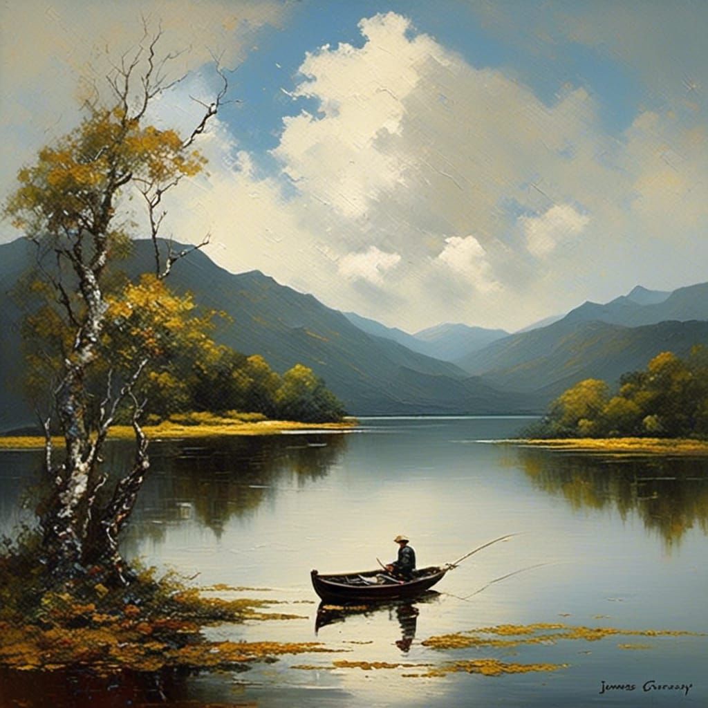 Fisherman on Lake in Boat: Oil Painting