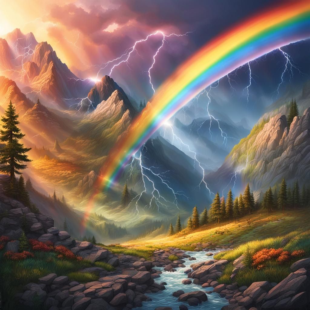 Mountains Sunrise with Rainbow in Hyperrealistic Style