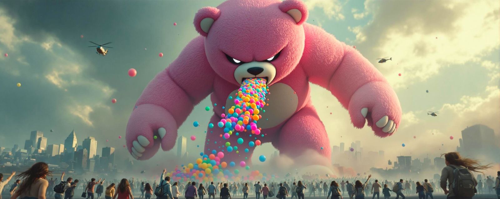 Giant Teddy Bear's Rainbow Rampage in Hyperreal Cityscape