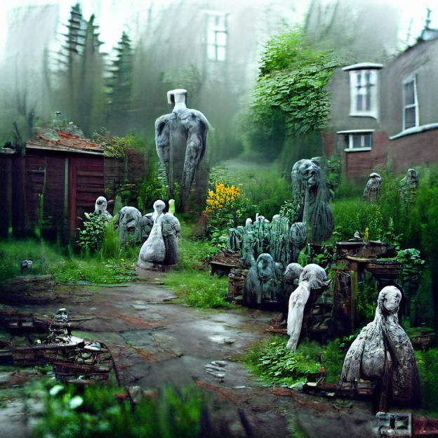 Creepy Foggy Garden with Angel Statues