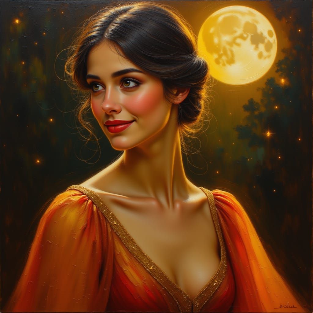 Elegant Woman in Moonlight: An Oil Painting