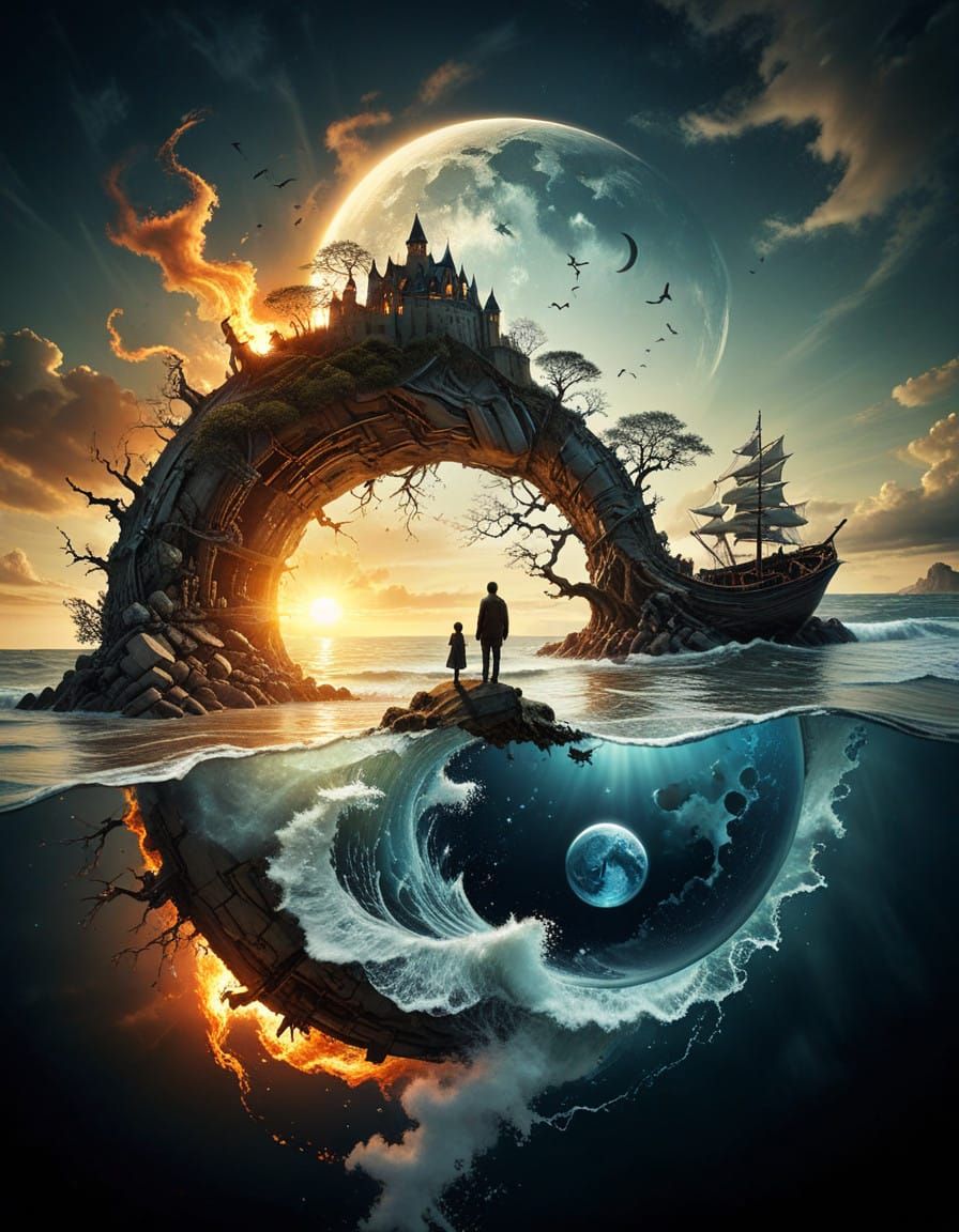 Surreal Beach Scene with Ancient Bonsai and Lighthouses with...