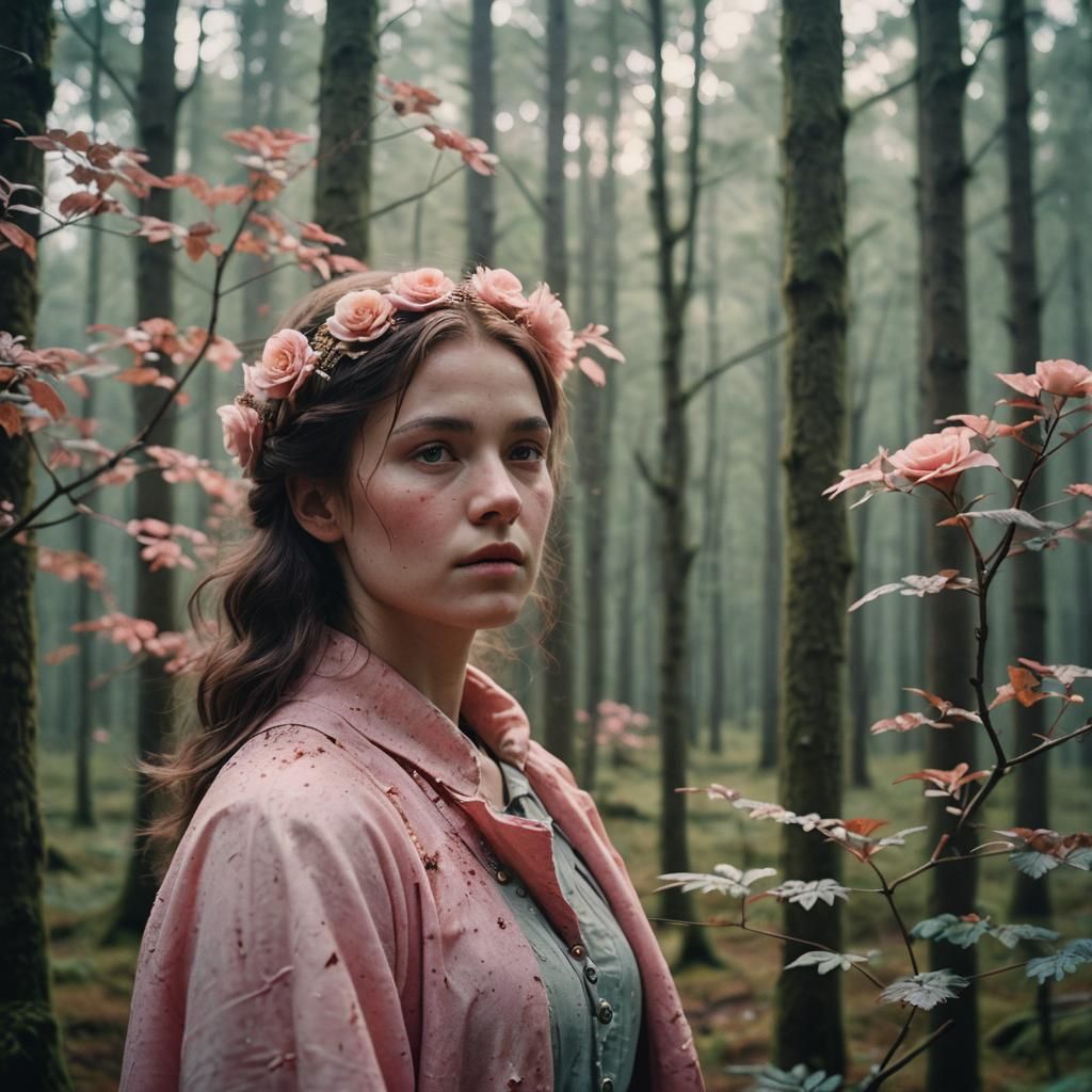 Woman with Pink Hair in Nordic Forest: Cinematic Film