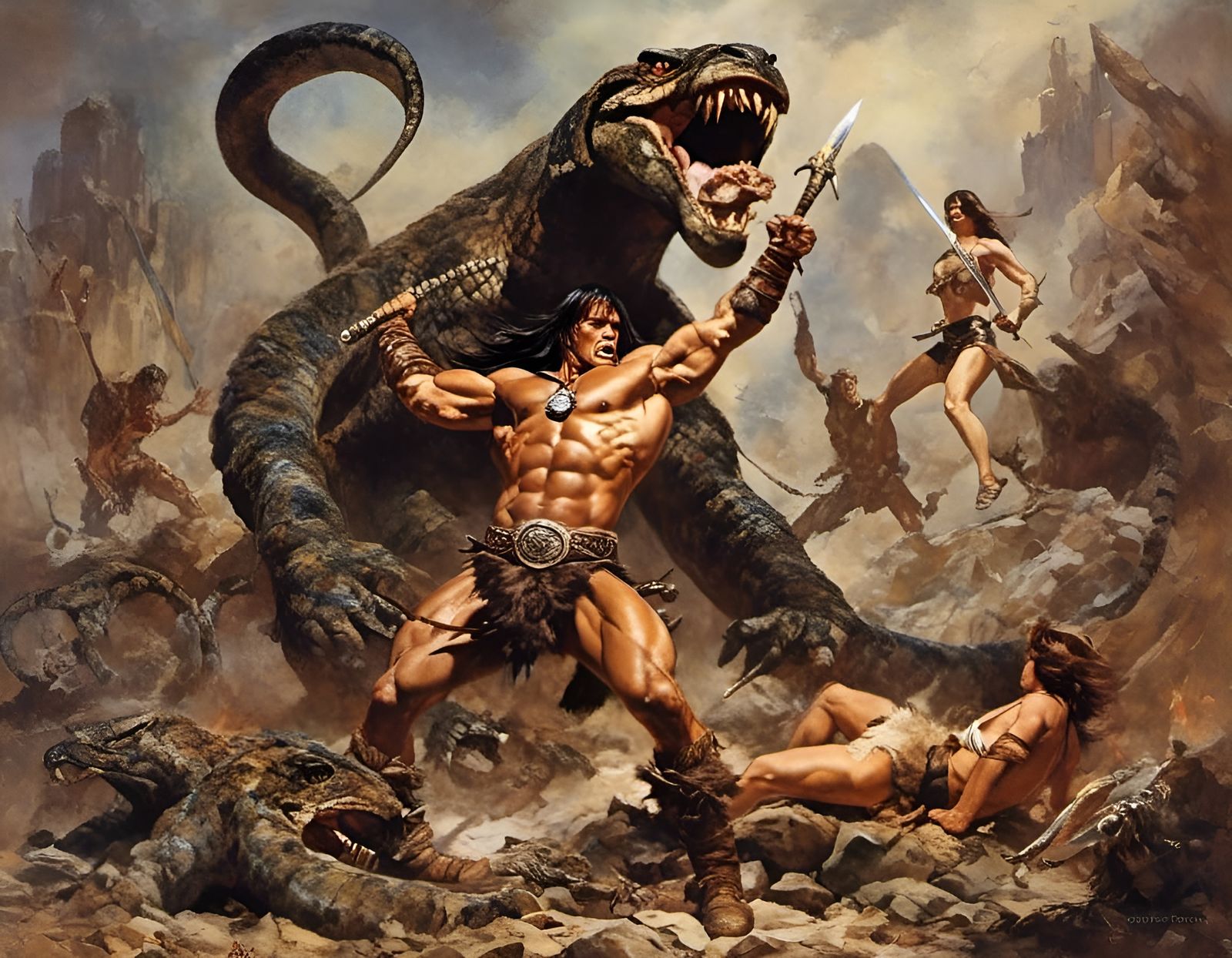 Conan Battles Giant Snake in Hyperrealistic Fantasy