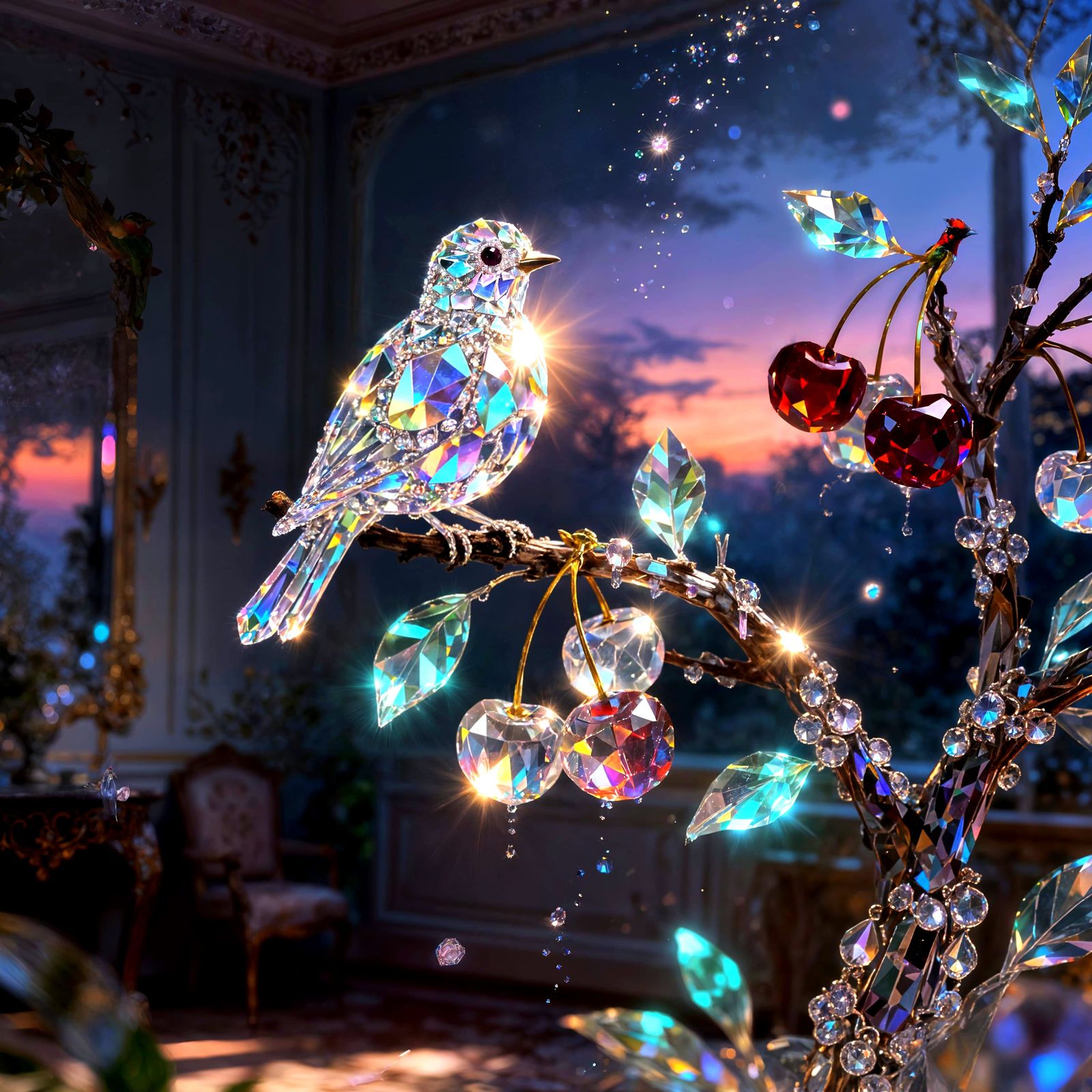 Crystalline Jeweled Bird on Cherry Branch