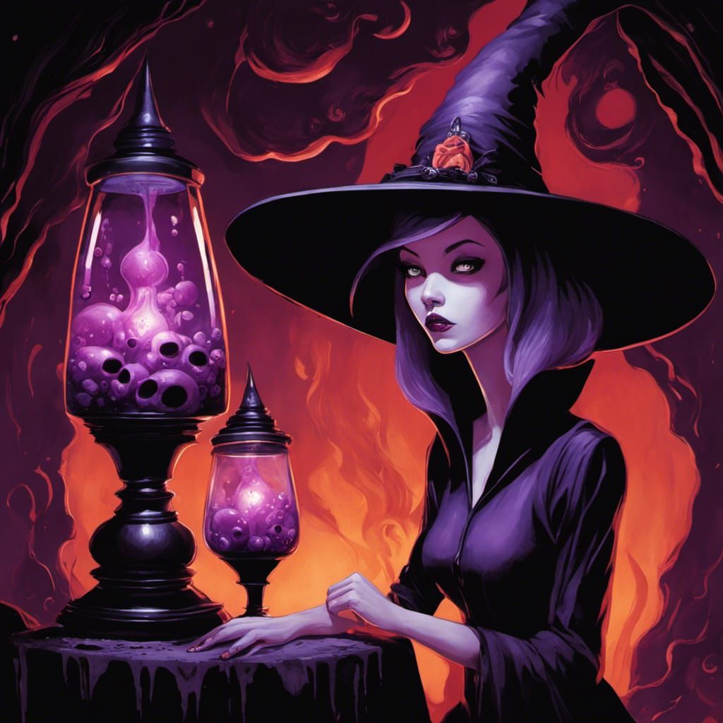 Witch Mesmerized by Slime Lava Lamp in Art Brut Style