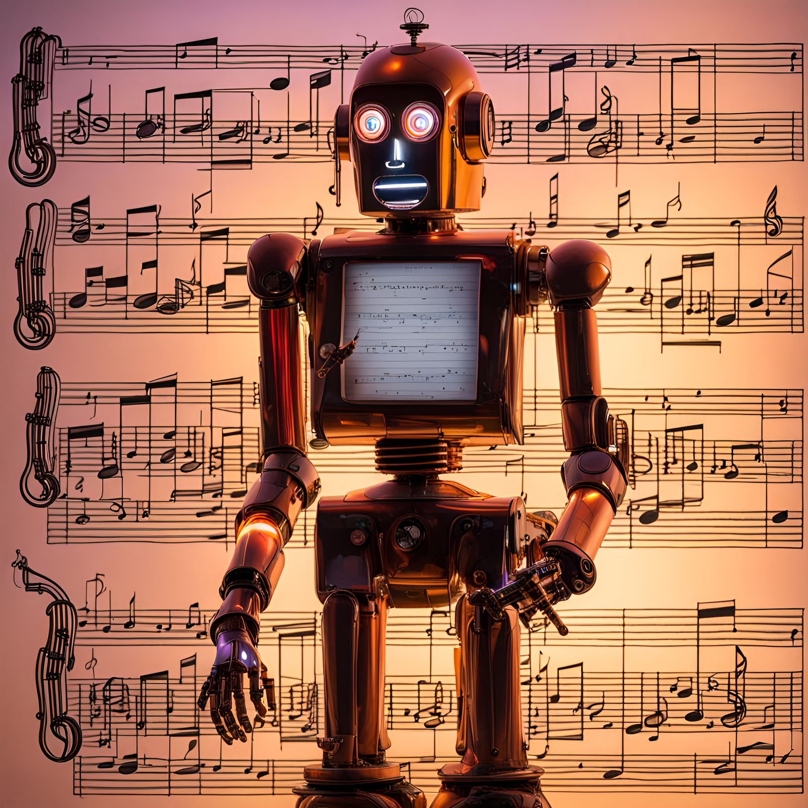 Musical Robot with Neon Vaporwave Sheet Music