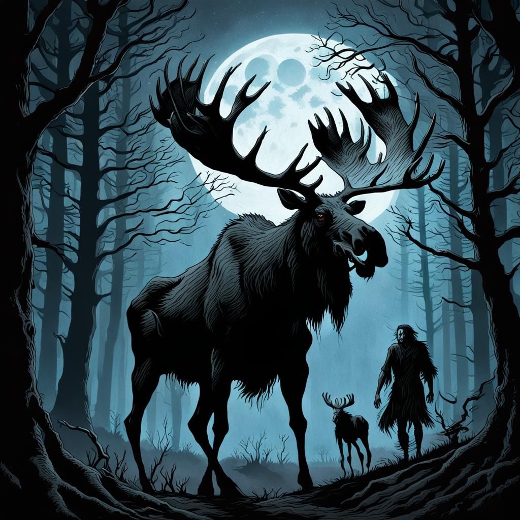 Creepy Moose and Ghoul in Dark Fantasy Style