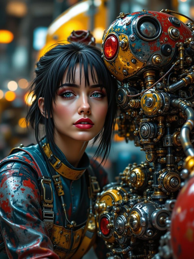 Woman Focuses on Steampunk Motorcycle Engine in Castle Works...