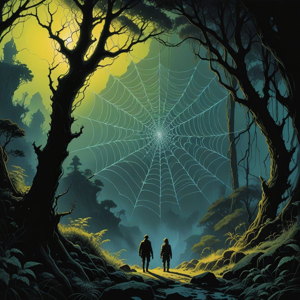 Ethereal Blacklight Spiderweb in a Dreamlike Landscape