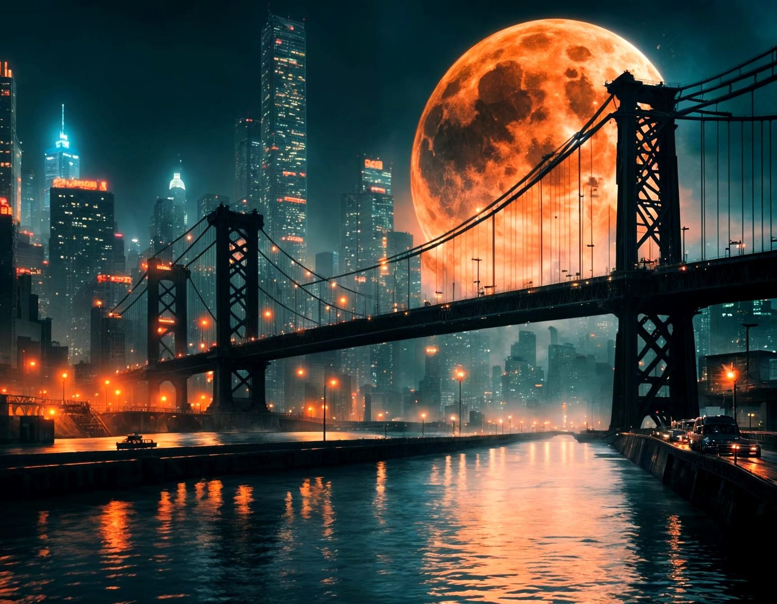 Glowing Bridge at Retrofuturistic Cityscape Under Lunar Ecli...