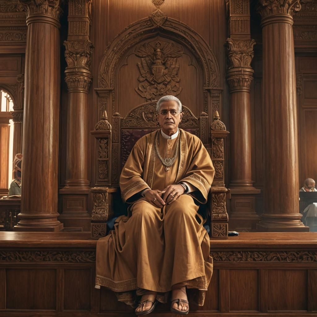 Indian judicial system, In the foreground, a wise judge in t...