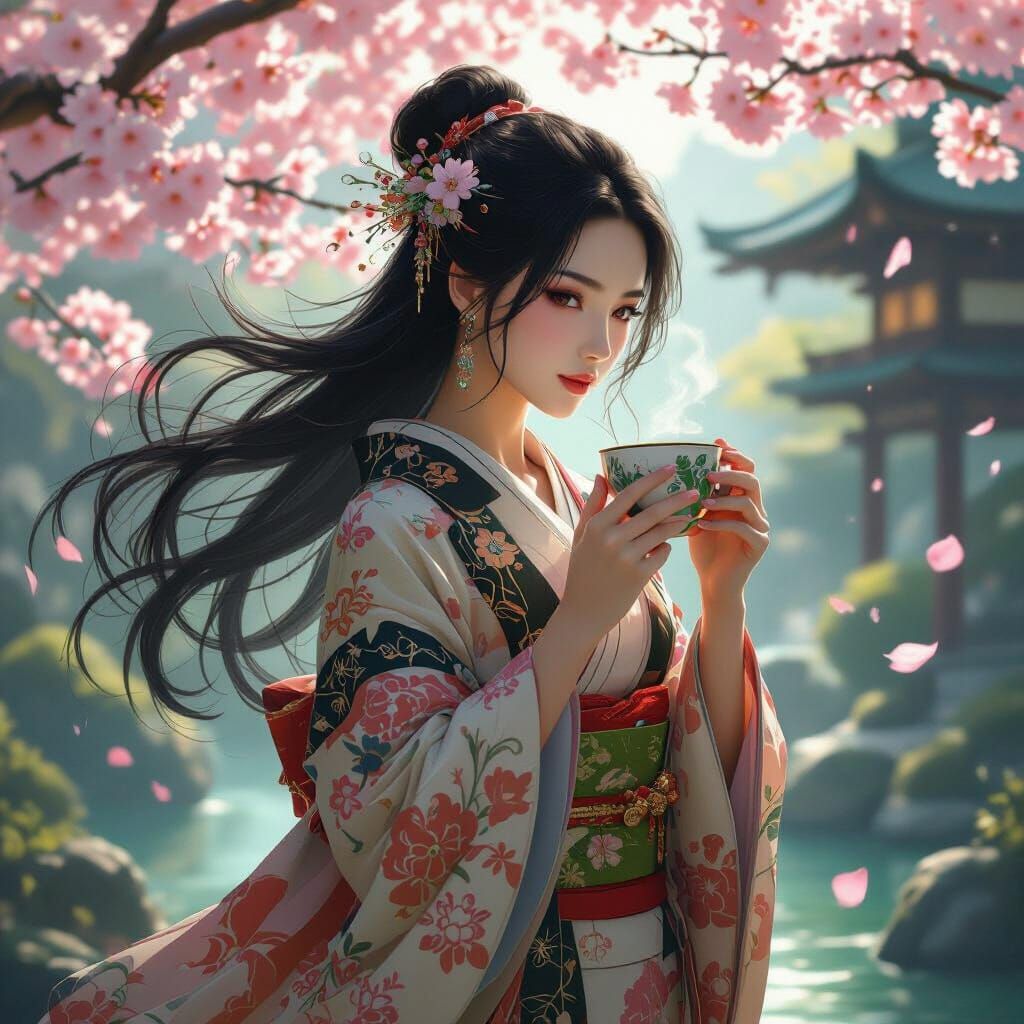 Futuristic Geisha in Tokyo Tea Garden, Art Nouveau Style