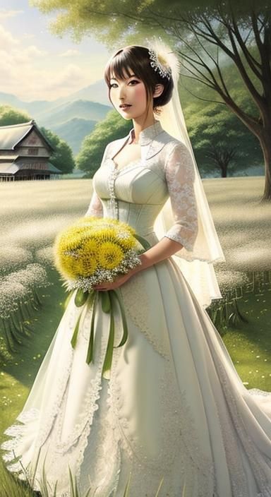 Ukiyo-e Bride with Dandelion Bouquet in Verdant Meadow