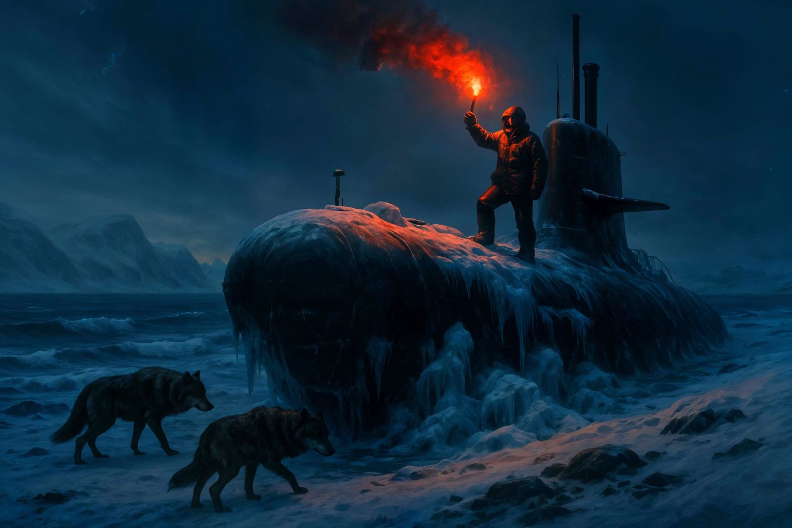Arctic Submarine: Flare in Frigid Landscape