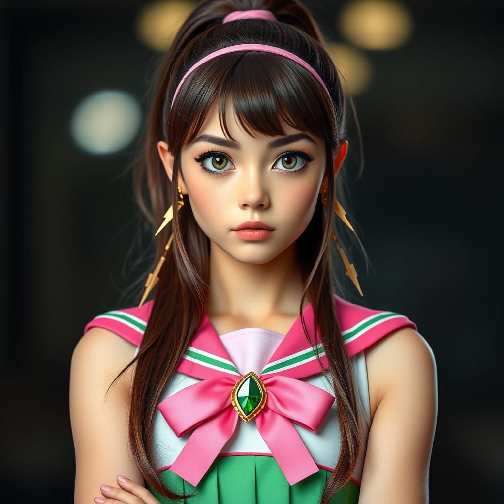 Confident Green-Haired Warrior in Sailor Guardian Uniform