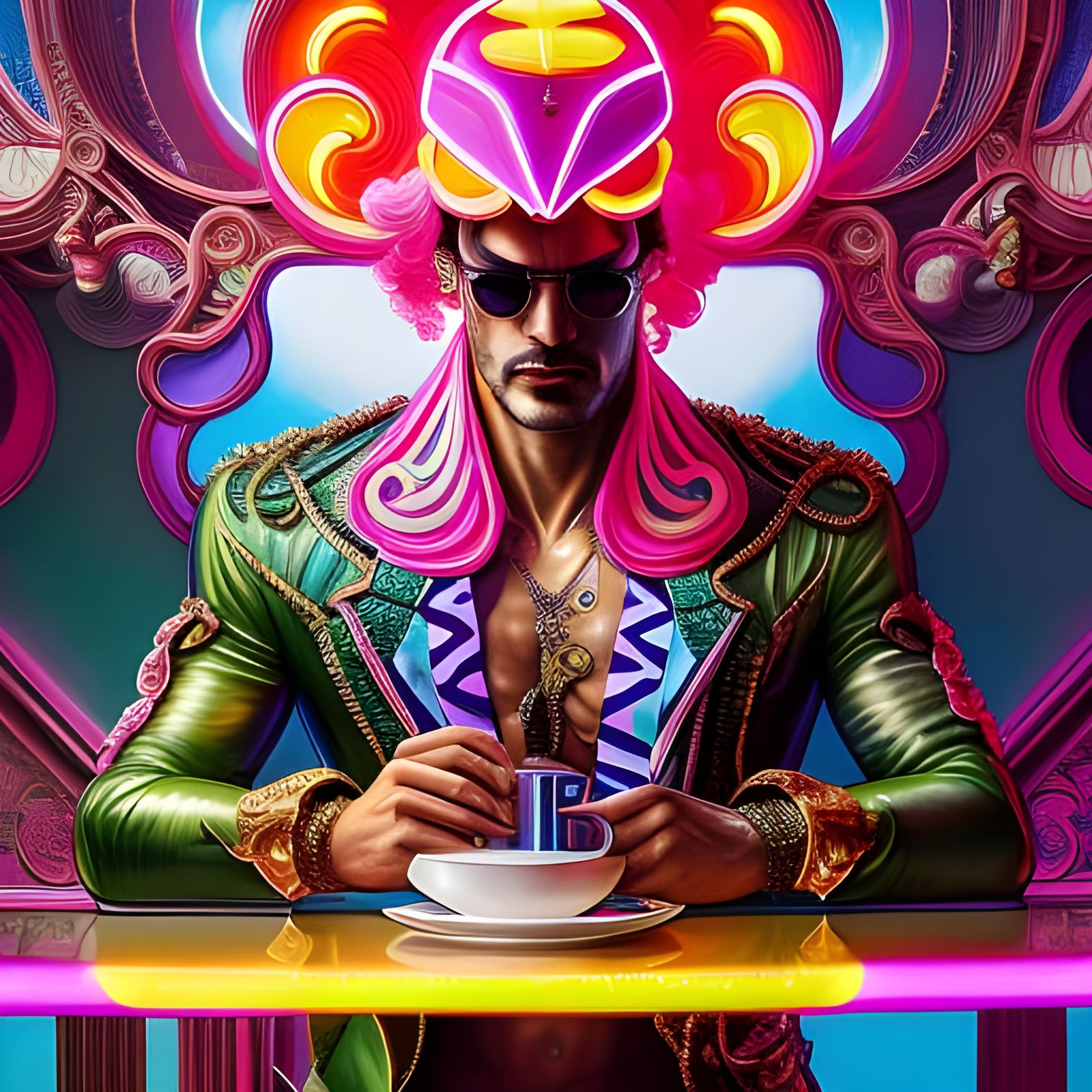 Neon Man in Café: Rococo Hyperdetailed Portrait