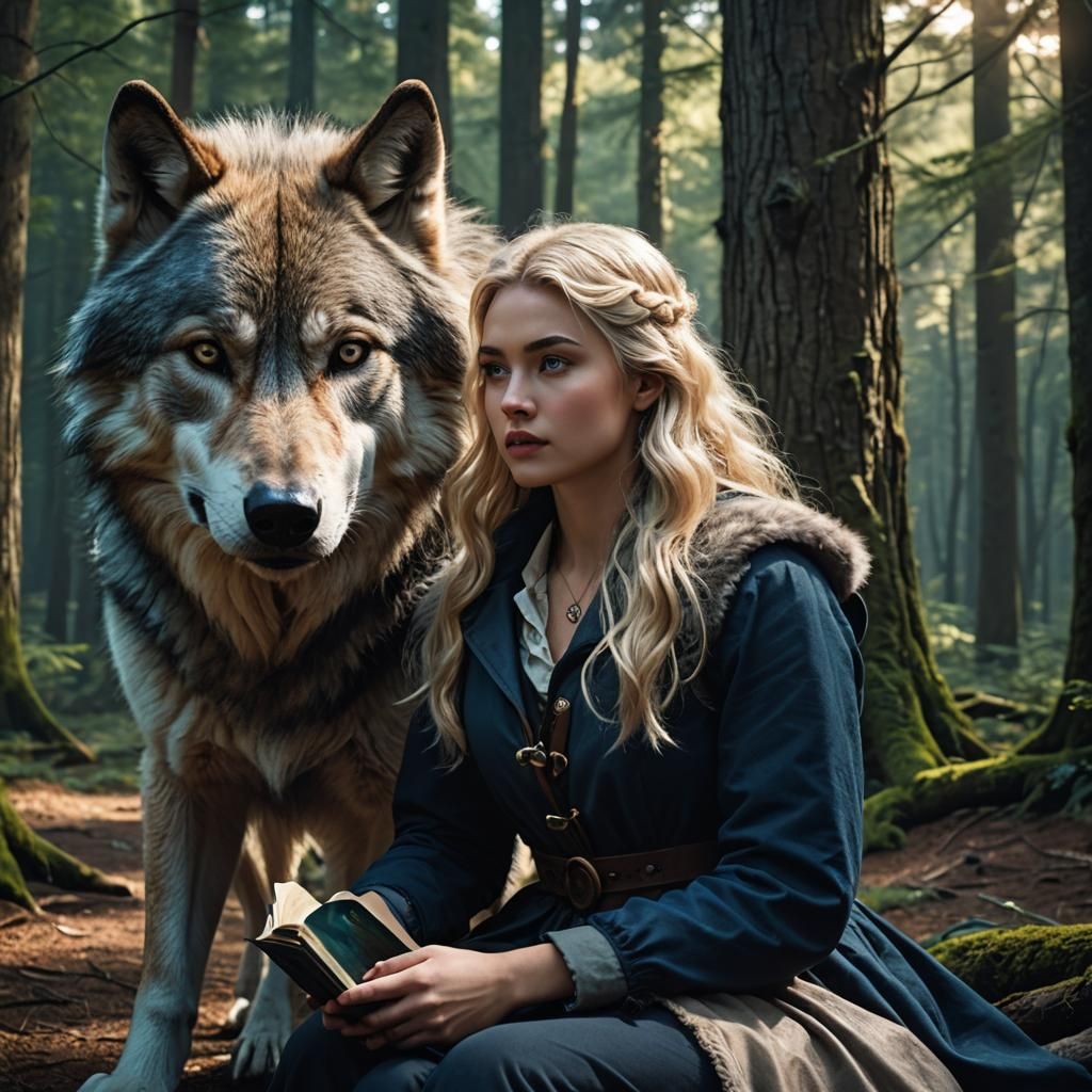 Fantasy Book Cover: Girl and Wolf in Forest