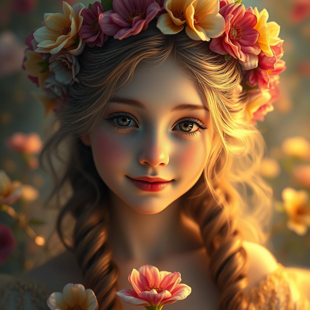 Mystical Flower Girl Portrait in Art Nouveau Style