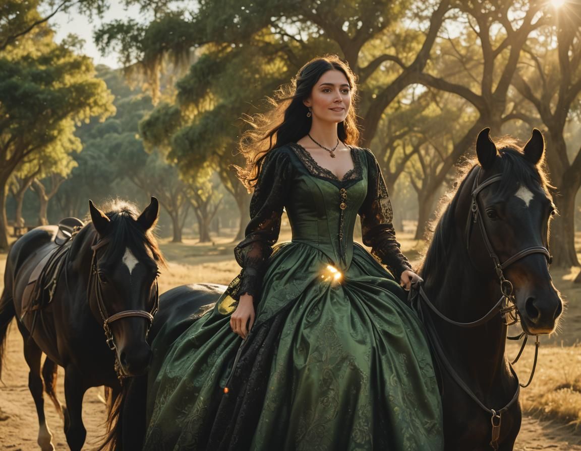 Victorian Woman Rides Horse in Golden Light