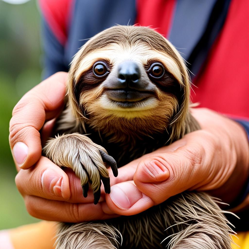 Miniature Sloth Clinging to a Thumb