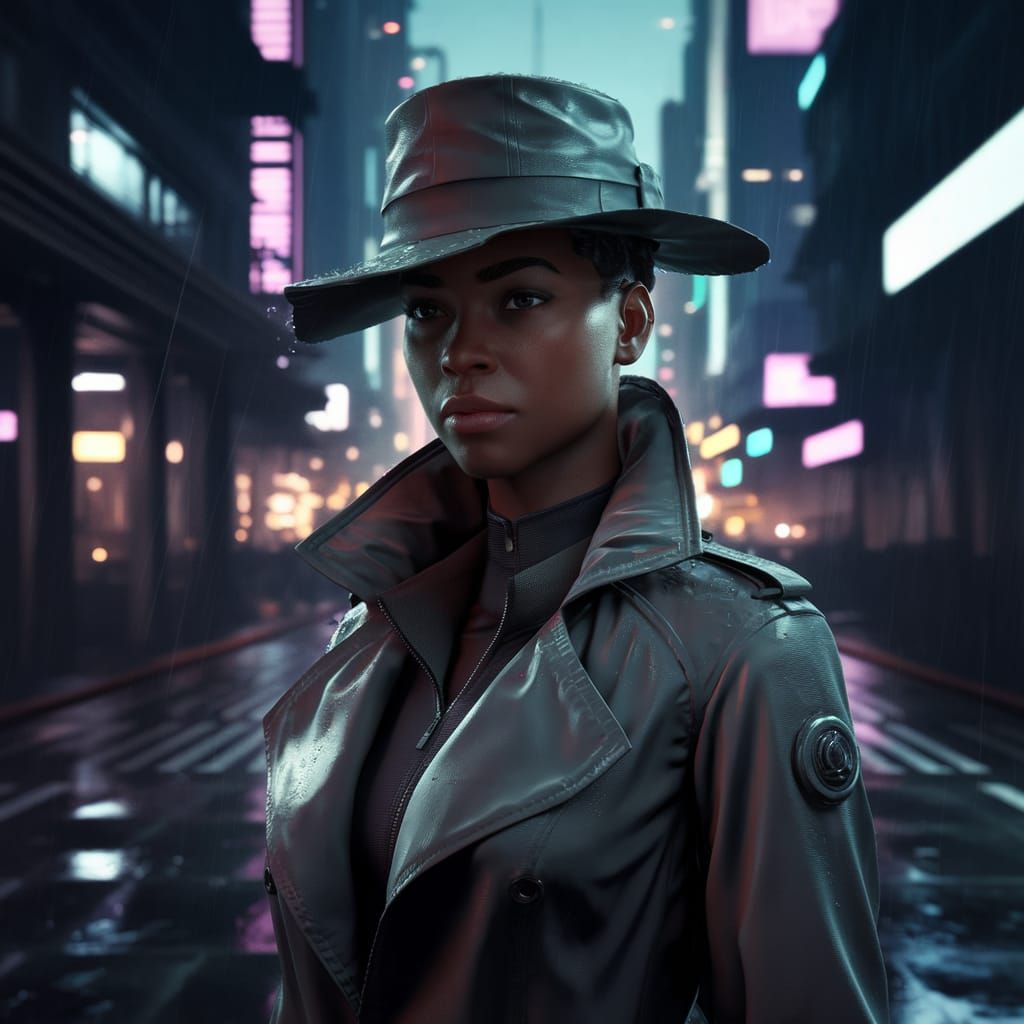African American Sci-Fi Hero in Rainy Cyberpunk City