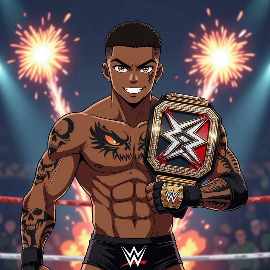 Anime Wrestler with Skeleton Tattoos and WWE Belt