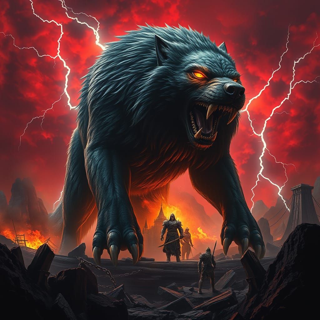 Gigantic Wolf Dominates Blood-Red Battlefield in Norse Mytho...