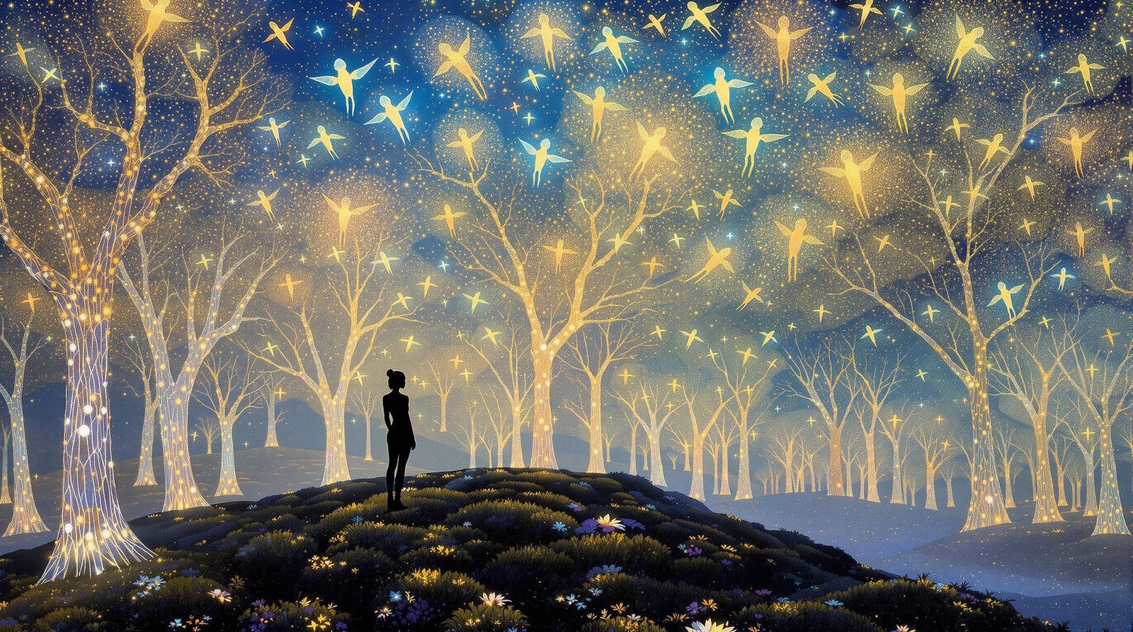 Bioluminescent Forest in Gustav Klimt Style