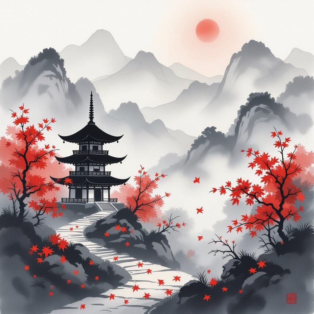 Monochrome Pagoda in Autumn Mist: Sumi-e Style