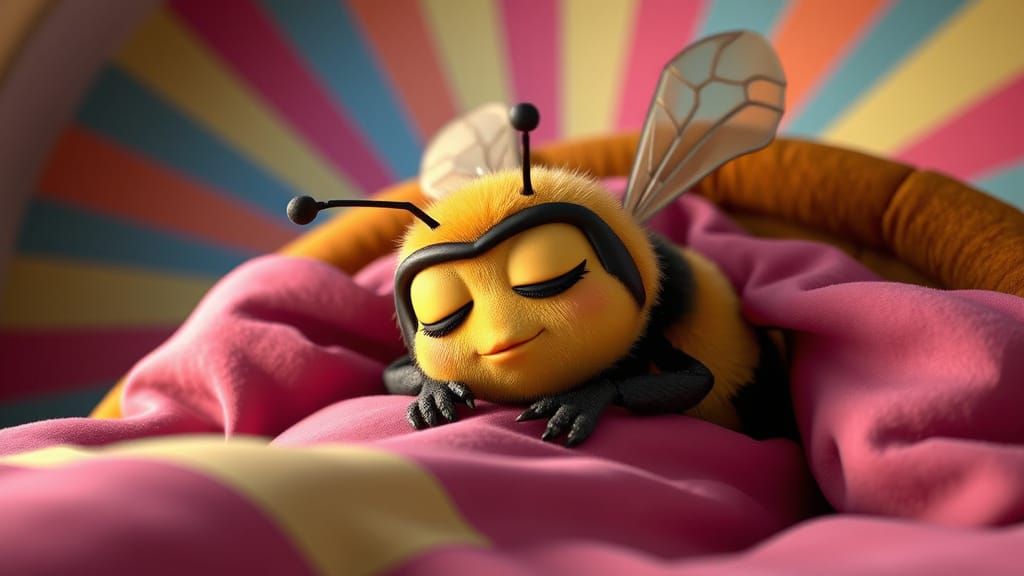 Sleepy Bumblebee in Cozy Beehive Bedroom, Pixar Style