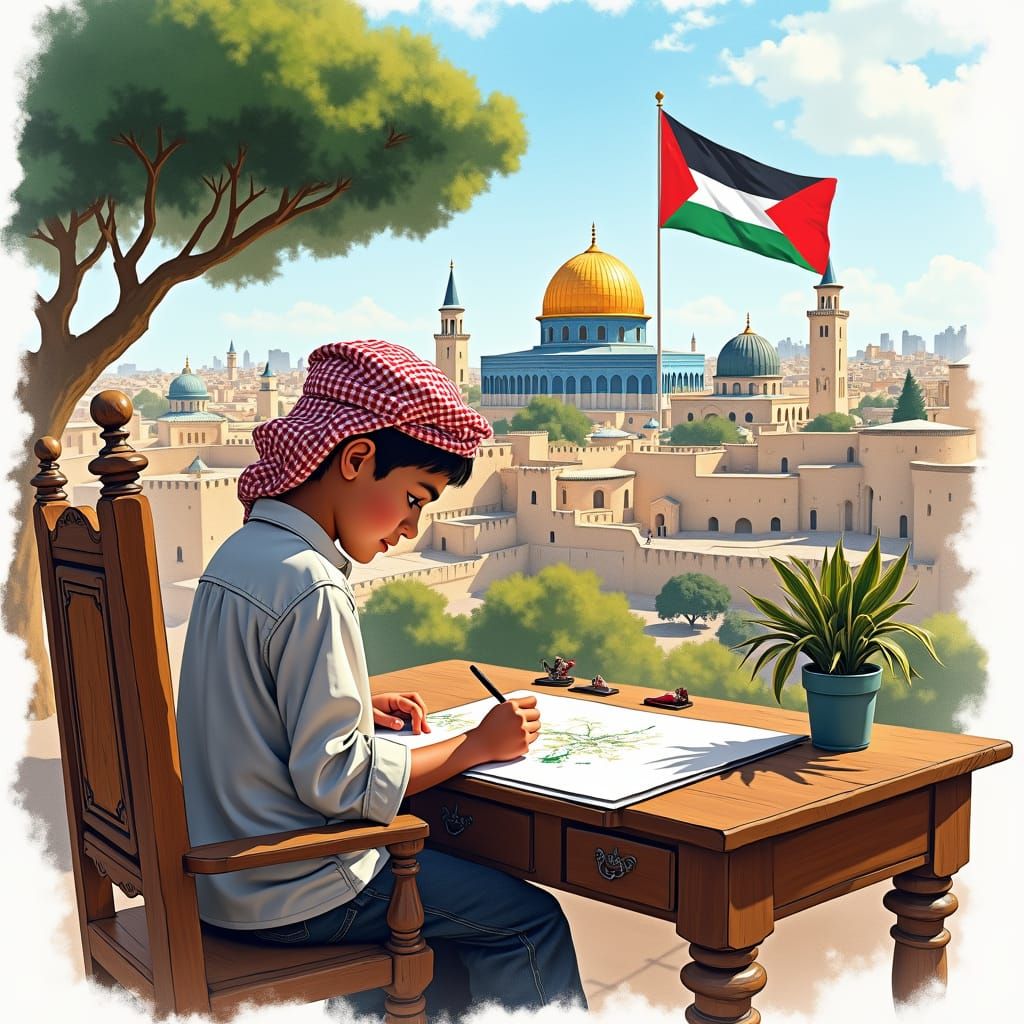 Palestinian Boy's Watercolor Landscape with Al-Aqsa Mosque