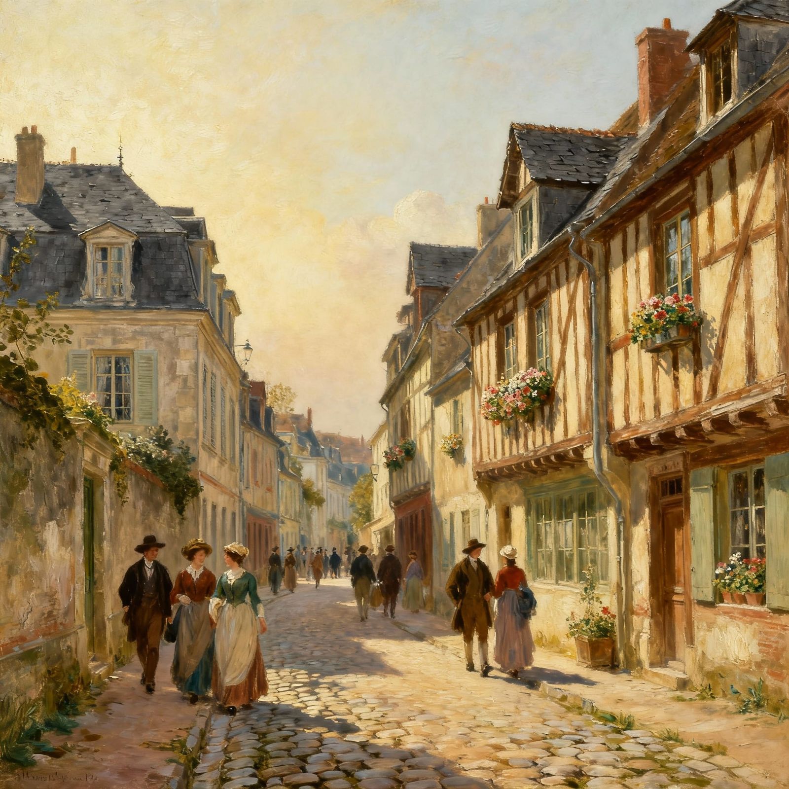 19th Century Street Scene in Romantic Oil Painting Style
