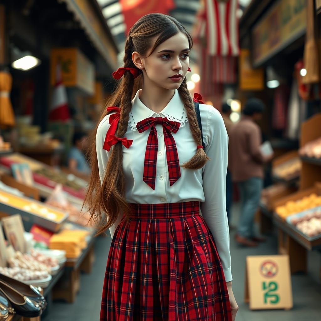 Young Woman in School Uniform in Marketplace