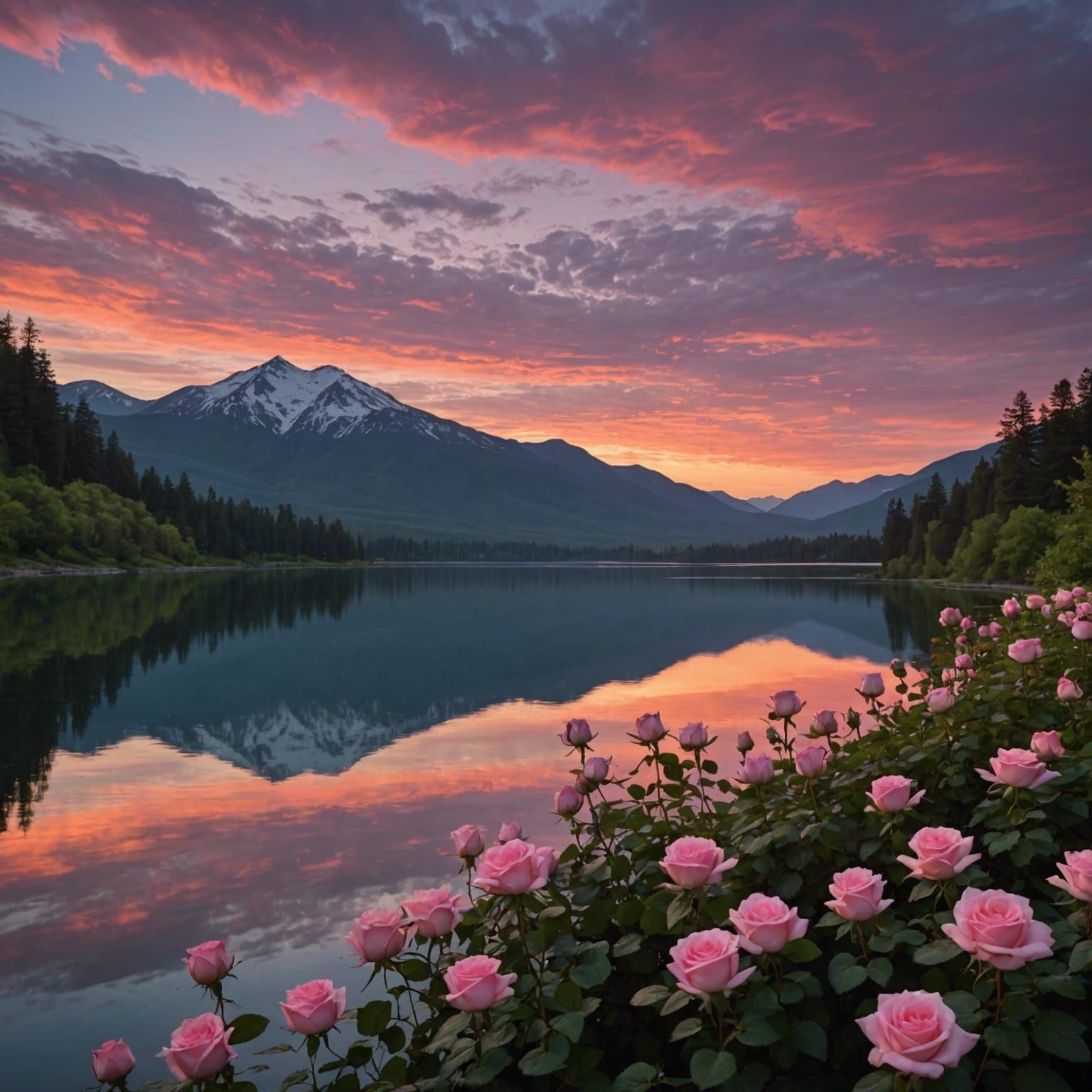 Tranquil Lake Reflects Sunset Roses