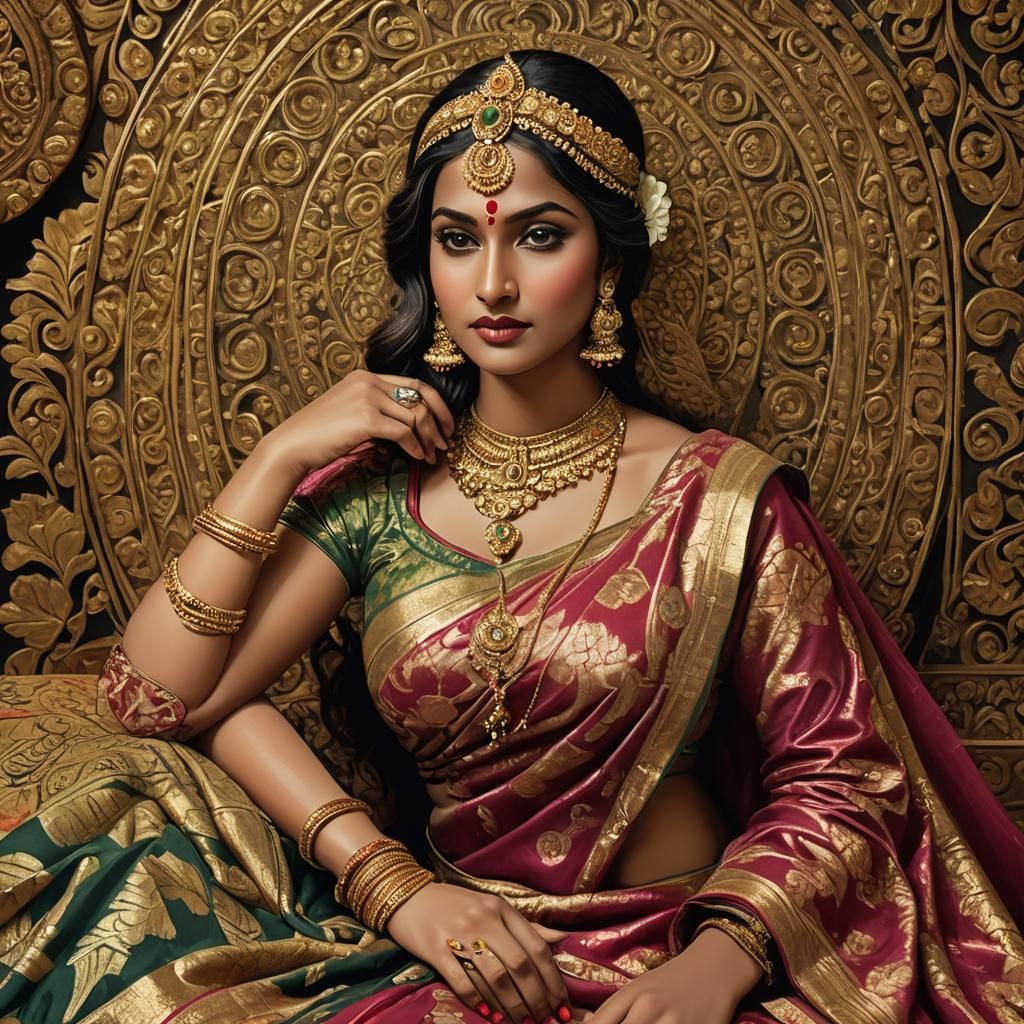 Sensual Indian Woman in Saree, Hyperrealistic Portrait