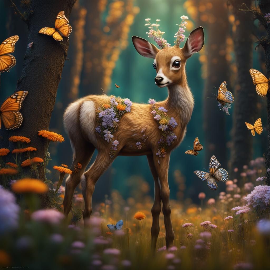 Bambi in Klimt Style with Flowers