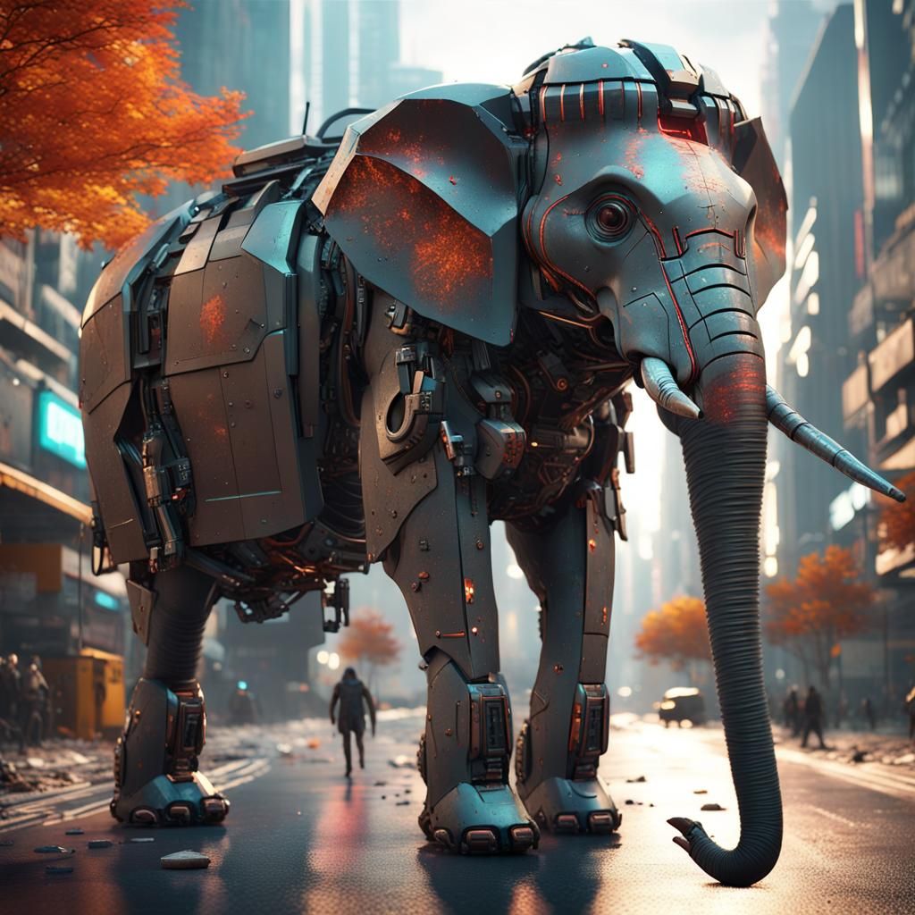 Cyberpunk Princess and Battle-Scarred Elephant in Autumn