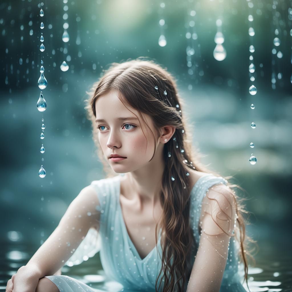 Woman Surrounded by Water Drops in Soft Focus