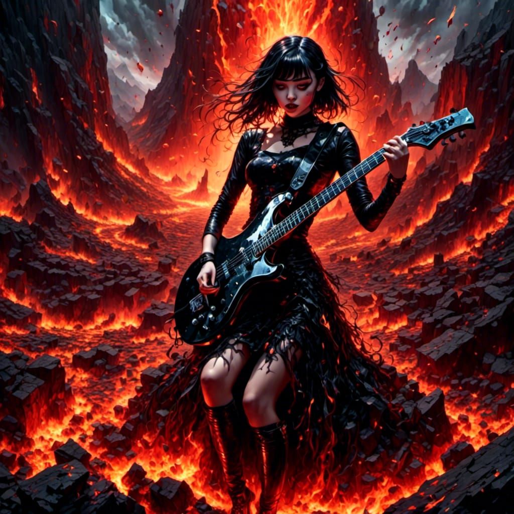 Goth Guitarist Riffs Inside Fiery Volcano