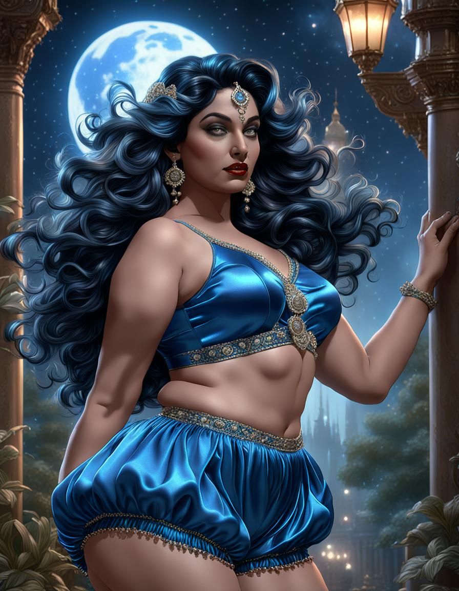 Curvy Indian Goddess in Blue Satin, Digital Art