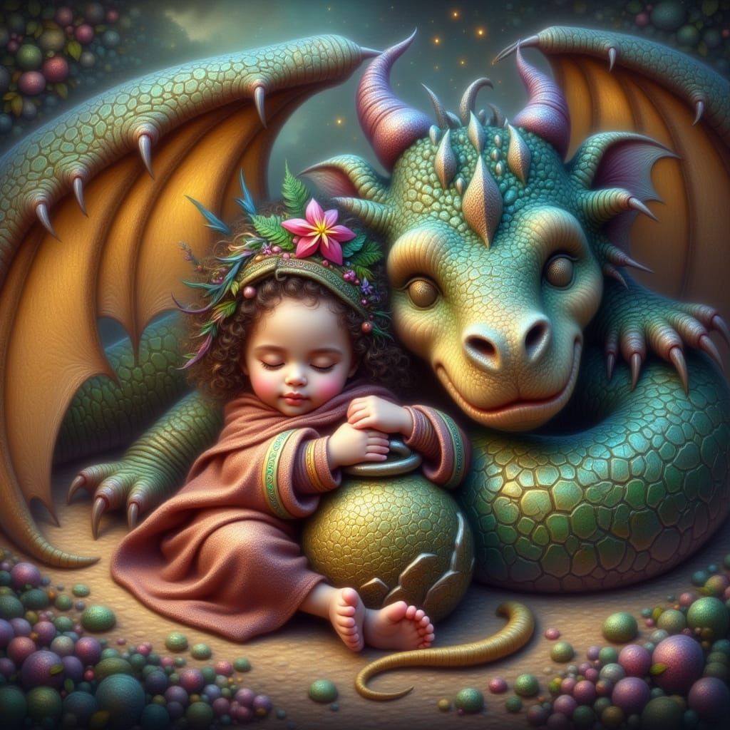 Baby Dragon's Peaceful Slumber in Mystical Realm